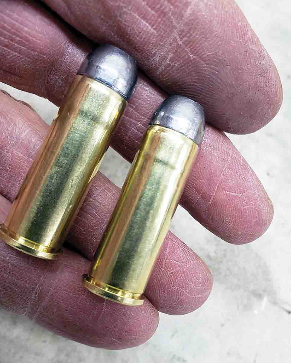Bulging cases sized to grip .427-inch bullets. These .431-inch bullets feed well, seal a .430-inch bore and print one hole at 25 yards.